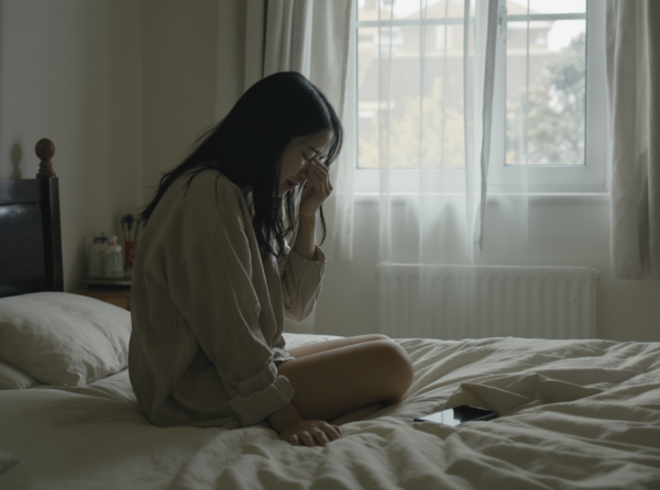 Mujer llorando sentada en su cama durante el día, reflejando tristeza matutina, inspirada en el poema "Buenos días, mi amor" de Yelsi Vega.