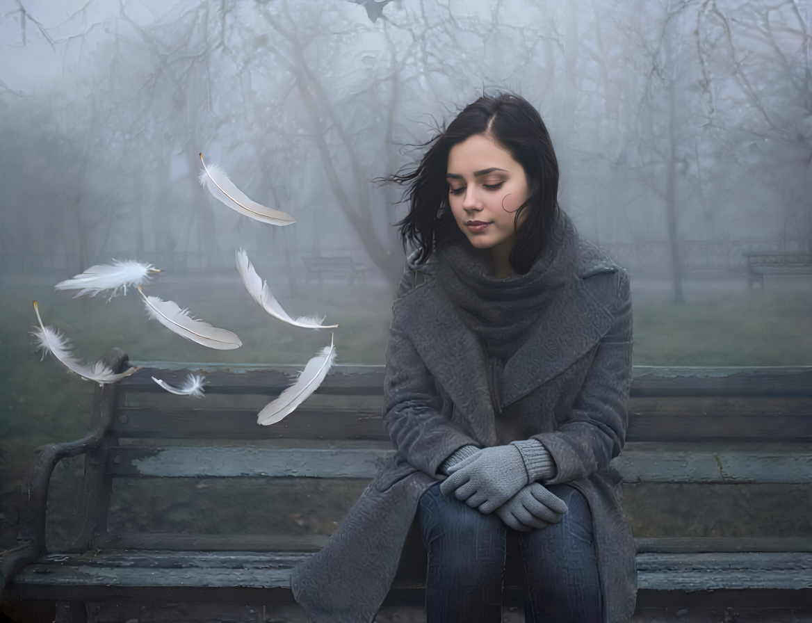 Mujer sentada en un parque mientras plumas son llevadas por el viento, transmitiendo liberación y desapego, inspirado en el poema "Dejé soltar esas alas" de Yelsi Vega.