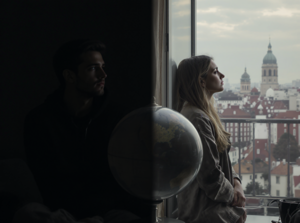 Dos parejas separadas que se aman y se extrañan, reflejando distancia emocional y anhelo, inspirado en el poema "Distancia" de Yelsi Vega.
