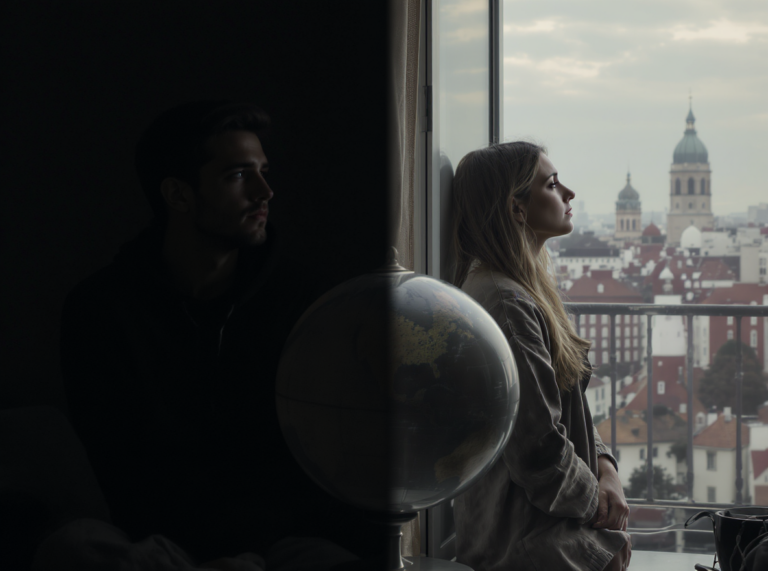 Dos parejas separadas que se aman y se extrañan, reflejando distancia emocional y anhelo, inspirado en el poema "Distancia" de Yelsi Vega.