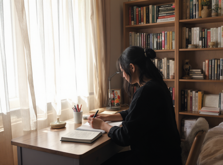Mujer escribiendo en su escritorio en un momento de introspección, representando el proceso personal de la autora en el poema "¿Por qué escribo?" de Yelsi Vega.