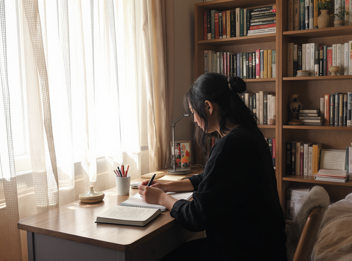 Mujer escribiendo en su escritorio en un momento de introspección, representando el proceso personal de la autora en el poema "¿Por qué escribo?" de Yelsi Vega.