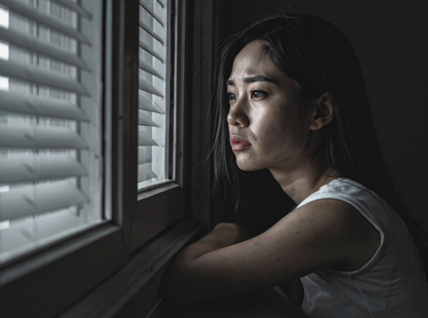 Mujer melancólica mirando por la ventana, transmitiendo nostalgia y un amor doloroso, inspirada en el poema "Suspiros de amor amargo" de Yelsi Vega.