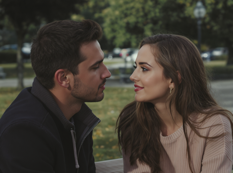 Pareja mirándose de cerca con tensión romántica, donde la mujer fija su atención en los labios del otro, inspirada en el poema "Quiero darte un beso" de Yelsi Vega.