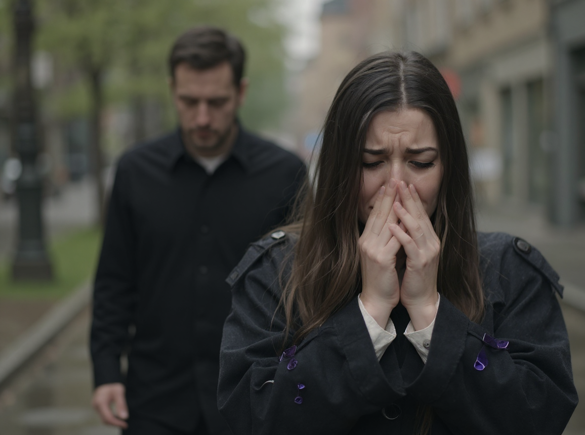 Mujer llorando con las manos en el rostro mientras un hombre permanece detrás, inspirada en el poema "¿Cómo se supone que siga con mi vida?" de Yelsi Vega.