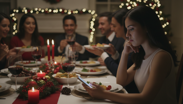 Mujer revisa su celular durante una cena familiar en Navidad mientras espera un mensaje, inspirada en el poema "No escribió en Navidad" de Yelsi Vega.
