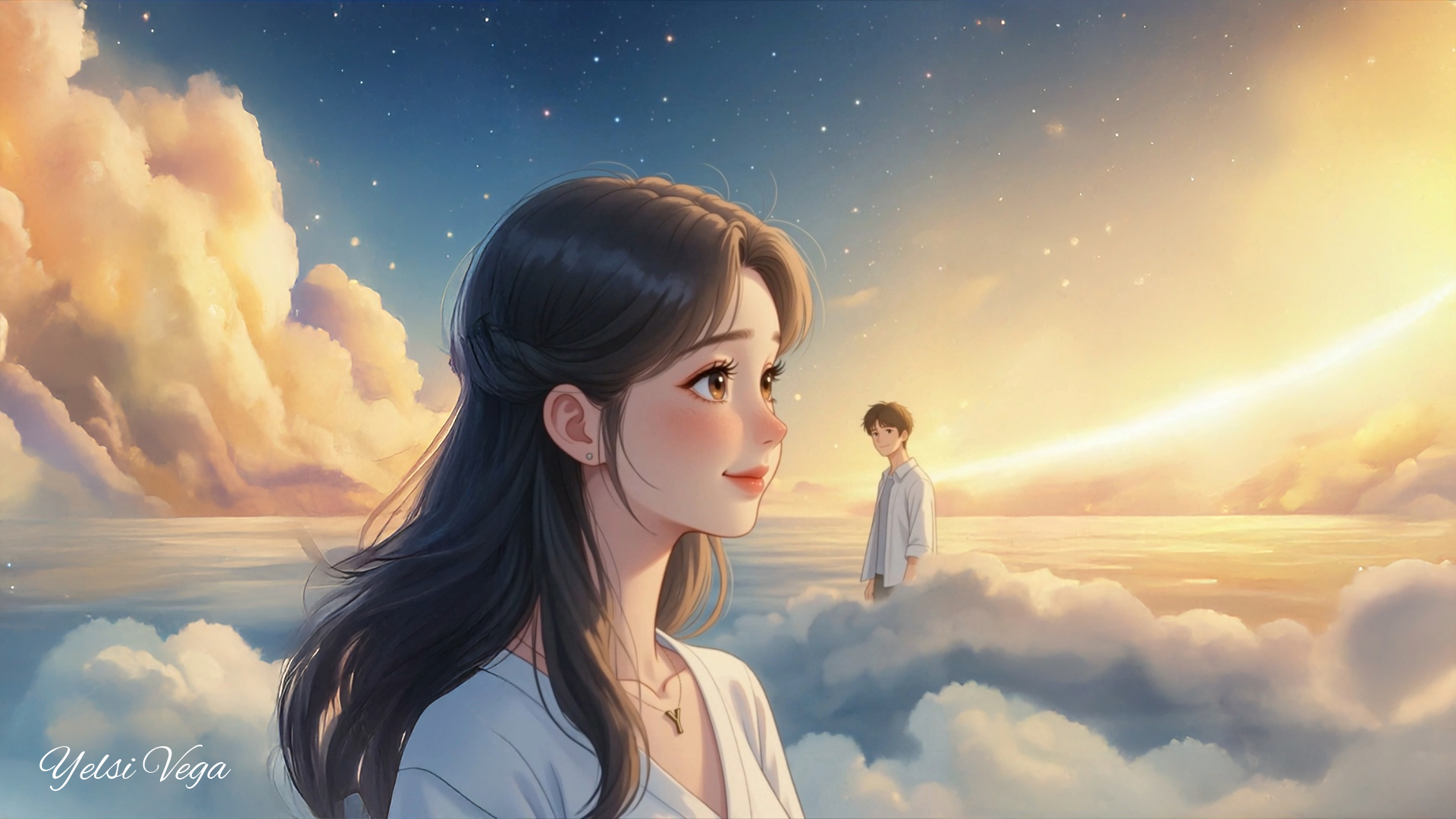 Portada del poema 15, "Ya quiero que amanezca". Ilustración estilo anime de una joven y un joven mirándose con ternura bajo una luz cálida. Ambos se encuentran cerca el uno del otro, transmitiendo ilusión, conexión y expectativa por un nuevo encuentro. Autora: Yelsi Vega