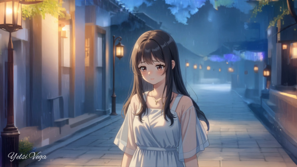 Portada del poema 16, "A veces llueve", de Yelsi Vega. Ilustración estilo anime de una joven de cabello largo y oscuro con expresión melancólica bajo una lluvia suave durante la noche. La escena, en tonos azules y grises, transmite nostalgia, introspección y la esperanza de que, después de la lluvia, volverá a salir el sol.