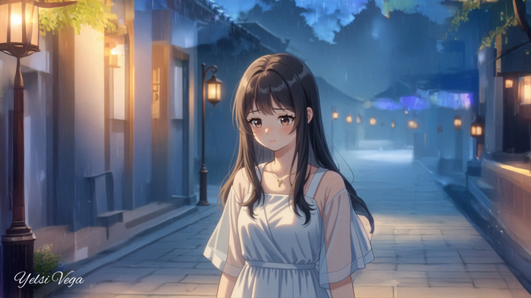 Portada del poema 16, "A veces llueve", de Yelsi Vega. Ilustración estilo anime de una joven de cabello largo y oscuro con expresión melancólica bajo una lluvia suave durante la noche. La escena, en tonos azules y grises, transmite nostalgia, introspección y la esperanza de que, después de la lluvia, volverá a salir el sol.